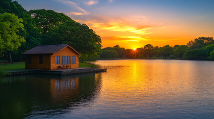 Obraz premium A breathtaking sunset over a tranquil lake creating a stunning reflection