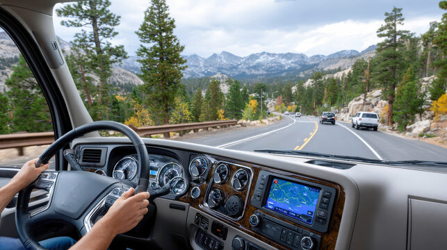 Driver navigating a scenic mountain road in an RV, showcasing the dashboard and GPS screen, surrounded by lush trees and majestic peaks, capturing the essence of adventure travel