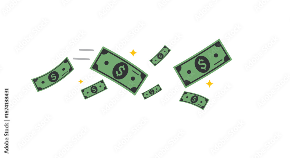 Poster playful falling currency notes with sparkles in minimalistic style