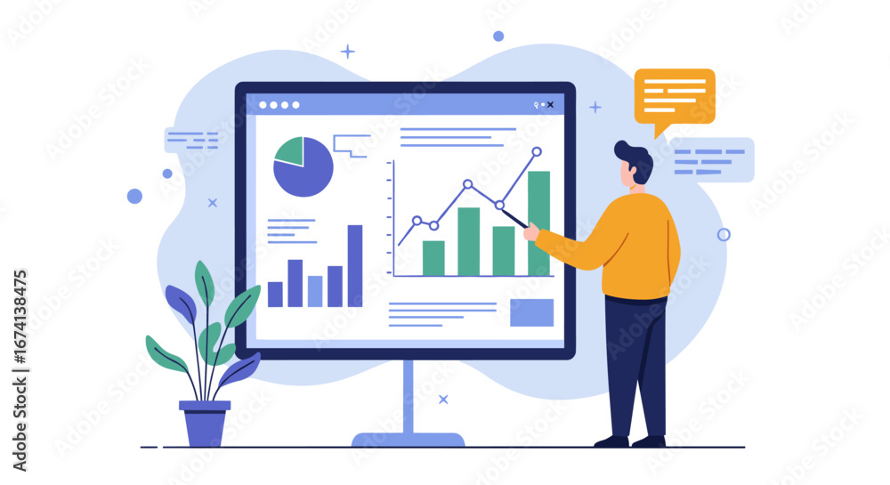 Aufkleber professional data analyst examining interactive graphs in flat design