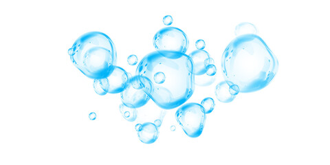 Blue soap bubbles, liquid sphere, foam freshness, underwater floating, vibrant dew, abstract shine, washing concept.
