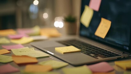 Medium shot capturing a laptop decked with semitransparent sticky notes one central note in sharp focus signifying mental cloudiness others softly fading out.