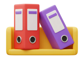 赤と紫の書類フォルダが黄色の棚に置かれた3Dイラスト 透明背景