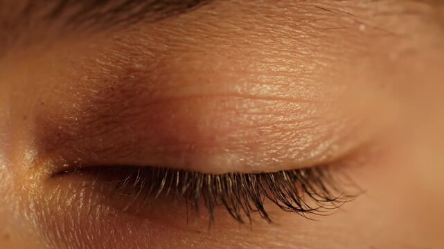 A tightly closed eye with distinct lashes and observable skin texture