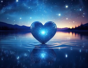 a blue heart floats serenely on water surrounded by twinkling stars in a tranquil night sky