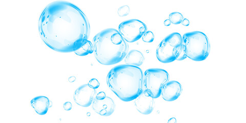 Blue soap bubbles, liquid sphere, foam freshness, underwater floating, vibrant dew, abstract shine, washing concept.