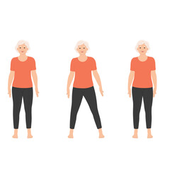 Obraz premium An elderly woman stands in three distinct poses, wearing an orange shirt and black pants. The background is plain, highlighting her movements and expressions in a clear style.