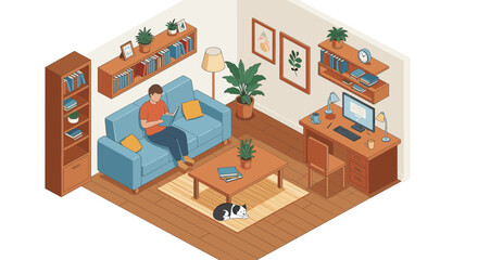 Naklejka premium Cozy isometric living room with man reading on sofa and dog relaxing on floor