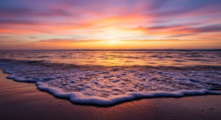 Serene coastal sunset with gentle waves and vibrant colorful skies creating peace