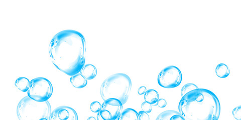 Blue soap bubbles, liquid sphere, foam freshness, underwater floating, vibrant dew, abstract shine, washing concept.