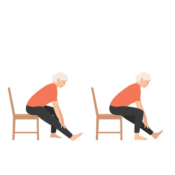 Elderly woman performing seated hamstring stretch on chair demonstrating flexibility and mobility exercise for seniors