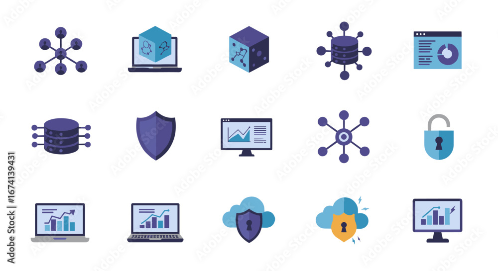 Poster flat style cybersecurity and data management icons set