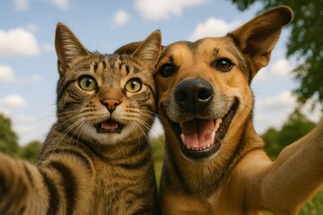 Tabby Cat and Tan Dog Posing Like a Selfie Outdoors with Blue Sky and Greenery in Background