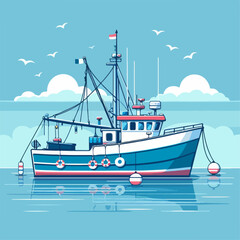 Naklejka premium vector illustration of fishing boat on blue background
