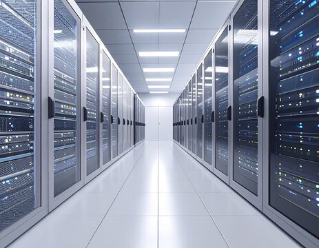 A long perspective view of a data center hallway, filled with server racks.
