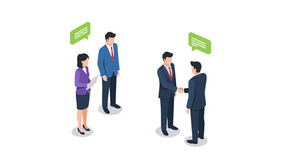 Isometric business meeting with professionals shaking hands and discussing