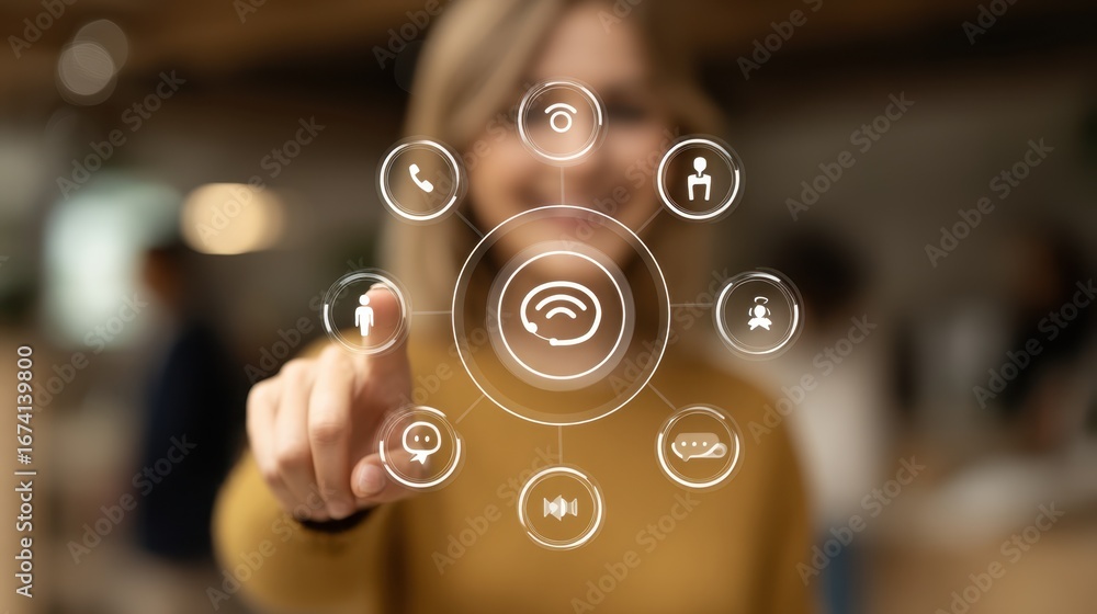Poster clear image of a person interacting with a pcintegrated virtual assistant interface with the rest of