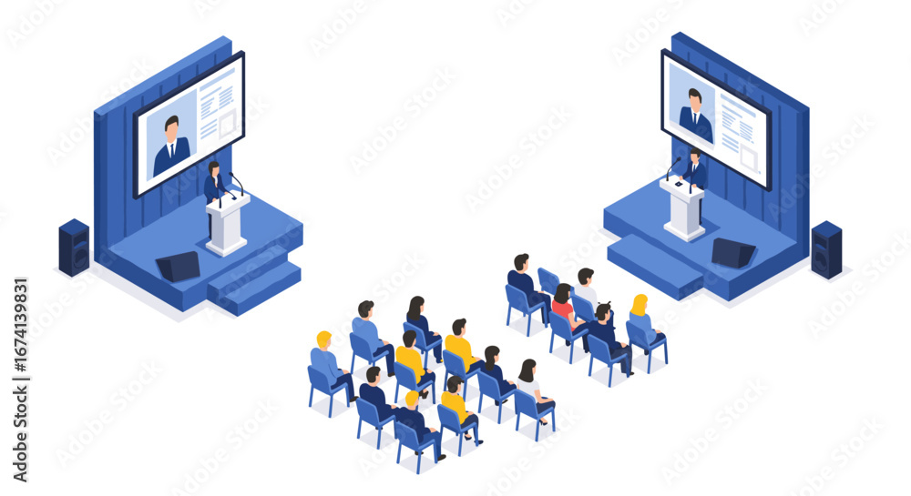 Poster isometric business presentation with speaker and audience in conference setting