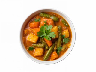 A bowl of vegetable curry with potatoes, carrots, and green beans