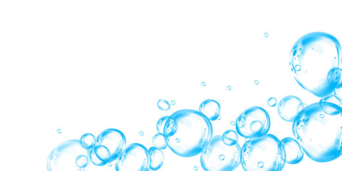 Blue soap bubbles, liquid sphere, foam freshness, underwater floating, vibrant dew, abstract shine, washing concept.
