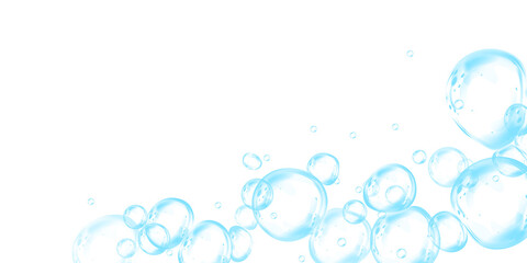 Blue soap bubbles, liquid sphere, foam freshness, underwater floating, vibrant dew, abstract shine, washing concept.