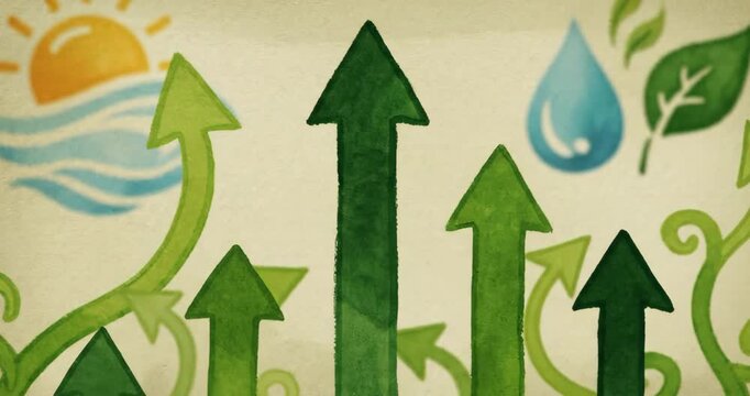 Green and sustainable development in the business sector, showcasing upward arrows symbolizing the growth and positive impact of environmental, social, and governance (ESG) practices.