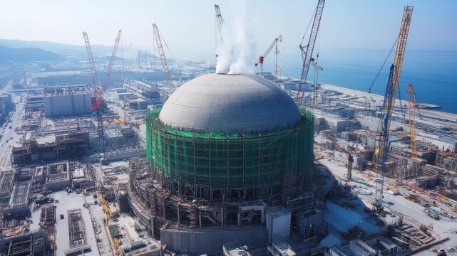 Construction of a large dome structure with cranes and scaffolding, indicating industrial development and engineering 4k video