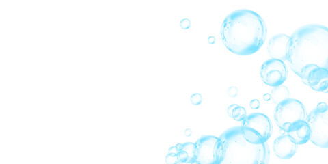 Blue soap bubbles, liquid sphere, foam freshness, underwater floating, vibrant dew, abstract shine, washing concept.