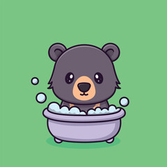 Cute Sun Bear Taking a Bubble Bath Adorable Cartoon Mascot Character Relaxing in a Bathtub with Soap and Bubbles