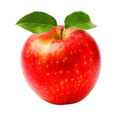 A shiny red apple displays green leaves and stem on transparent background