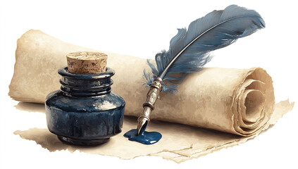 An inkwell, quill, and parchment in a vector style with a white background