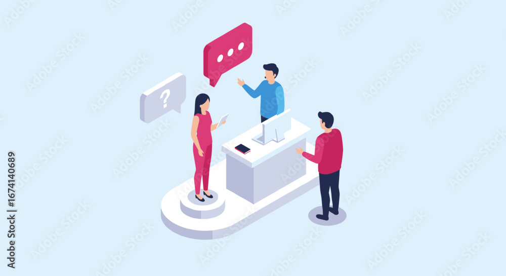 Poster isometric office interaction with three colleagues at a reception desk