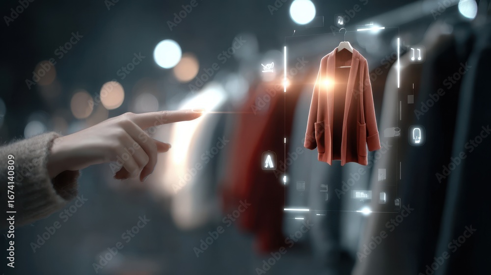 Poster medium shot of a user interacting with an augmented reality interface product details hovering sharp