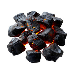 Burning hot coals glow intensely, forming a fiery pile on transparent background