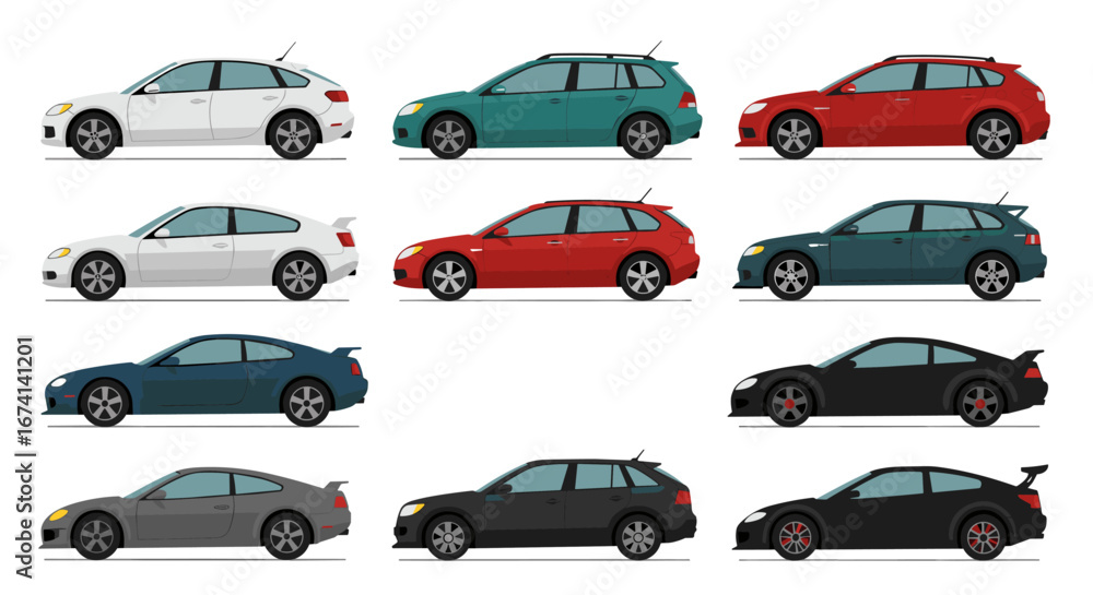 Poster collection of various car models in different colors and styles
