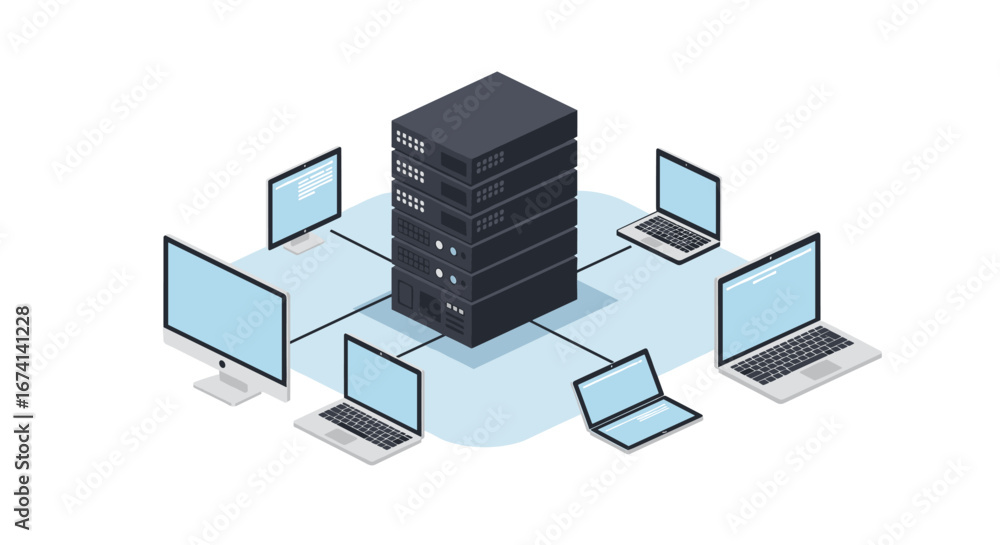 Aufkleber modern isometric network with server and connected computers