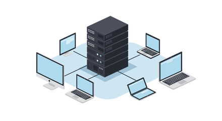 Modern isometric network with server and connected computers