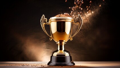 golden trophy with coffee splashes surrounding it showcasing a dynamic scene filled with motion energy and vibrant impact
