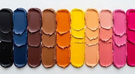 Vectore illustration of a vibrant collection of makeup swatches in various shades of brown, orange, yellow, pink, and magenta, isolated on a white background