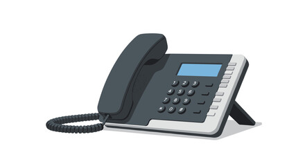 Modern office telephone on desk with coiled cord and keypad
