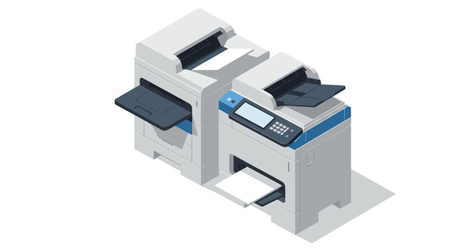Modern office printers in isometric view with detailed features and paper tray