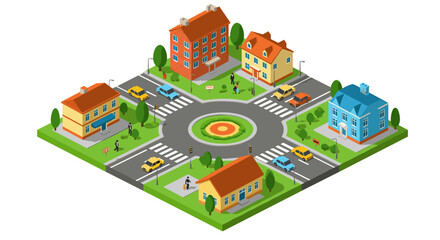 Isometric city intersection with roundabout and buildings
