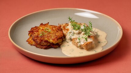 Pork Tenderloin Covered in Sauce With Potato Pancakes on Plate