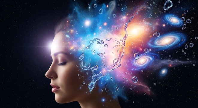 Vectore illustration of womans head profile with galaxy and nebula exploding from it, representing consciousness and universe