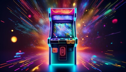 neon arcade machine glowing with vibrant colors and scattered dynamic particles retro futuristic vibes