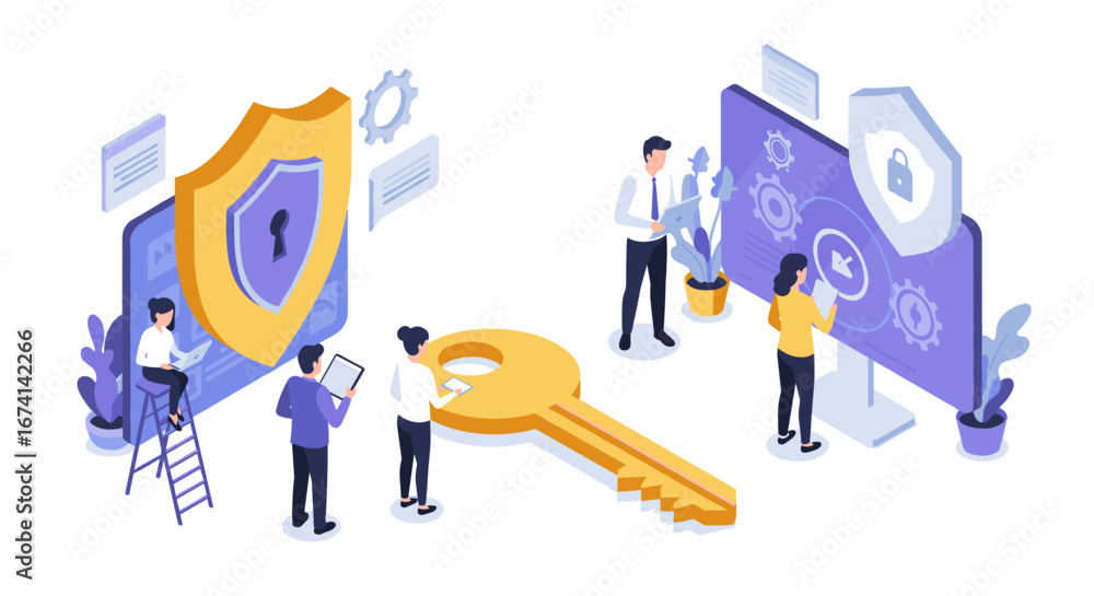 Poster isometric cybersecurity teamwork with key and shield icons