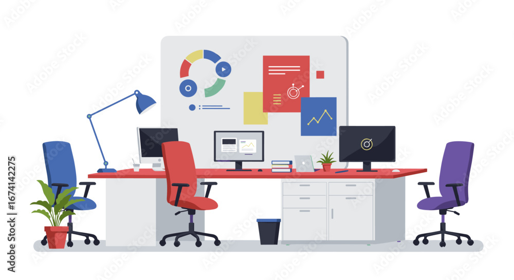 Poster modern office workspace with colorful chairs and tech devices