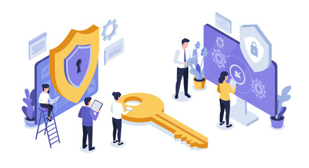 Isometric cybersecurity teamwork with key and shield icons