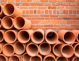 Stacked terracotta pipes rest against a brick wall, showcasing a practical and earthy aesthetic.