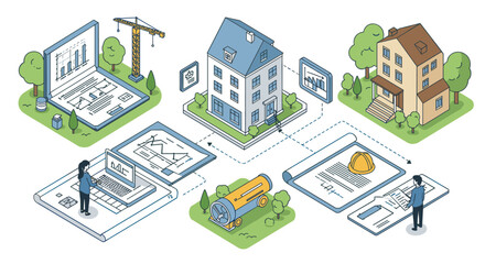 Isometric smart home construction design with technology integration